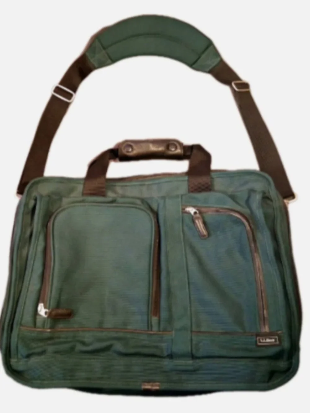 Vintage L.L. Bean Green Laptop Bag Briefcase Messenger Canvas Leather Strap